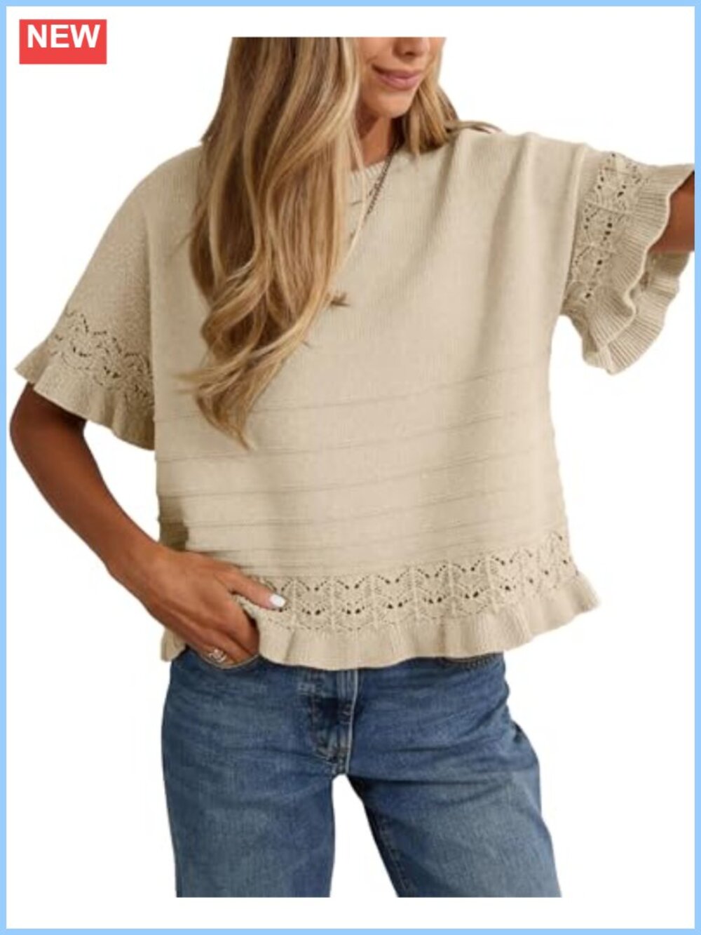 Women's Short Sleeve Sweater Ruffle Hem Knit Crochet Pullover